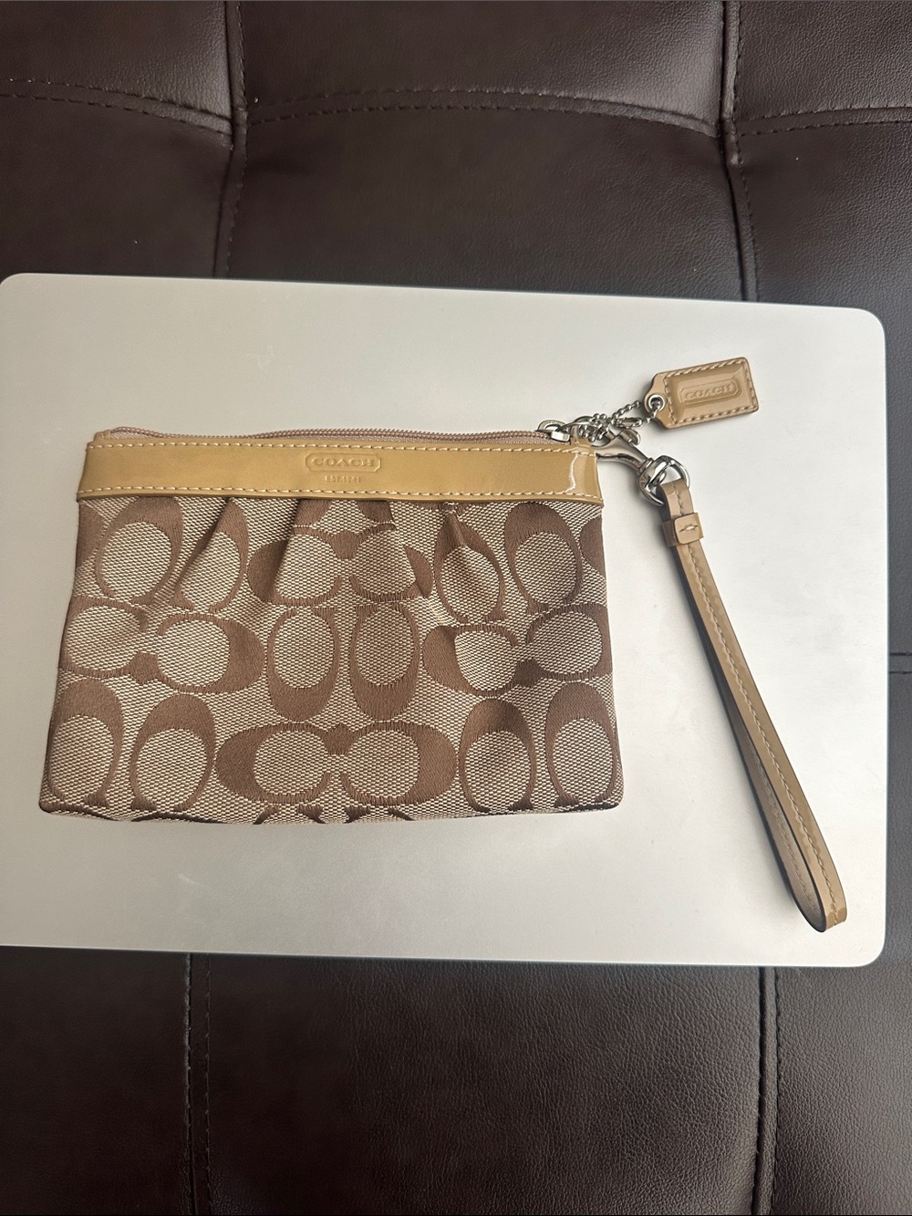 Coach Signature Canvas Wristlet with Tan Patent Leather Trim